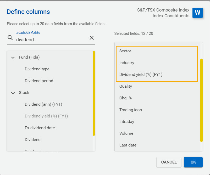 Screenshot of the define columns setting showing the fields listed above. 